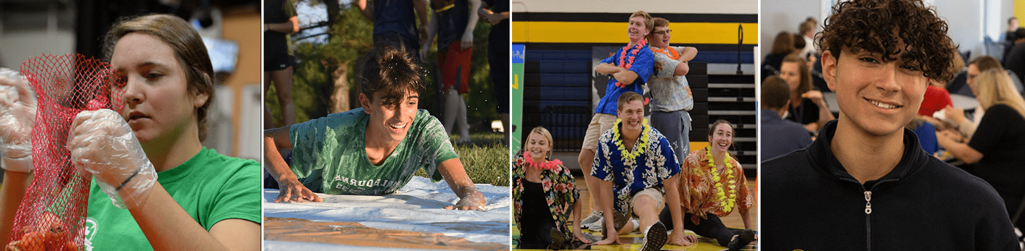 学生微笑, group of students posing together in hawaiian clothes, a boy doing a slip and slide, a girl with gloves preparing food